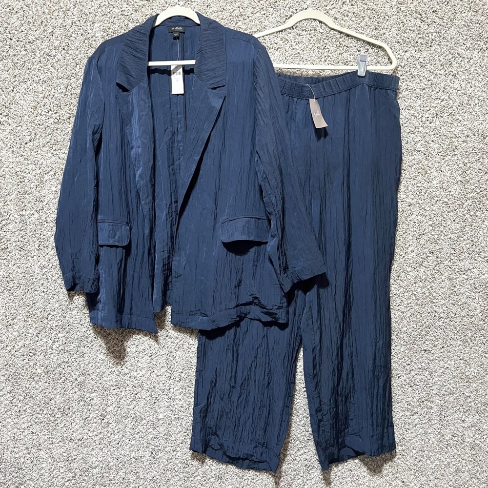 J. Jill WearEver Navy Crinkle Textured 2-Piece Blazer & Pants Suit Set 2X NWT